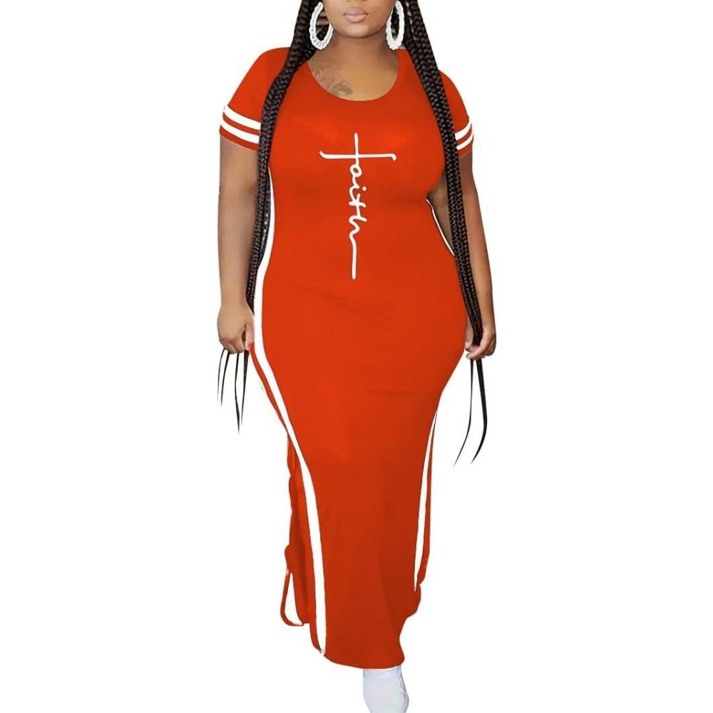 imagePINSV Womens Plus Size Maxi Dress Summer Casual Short Sleeve Split Long DressesOrange