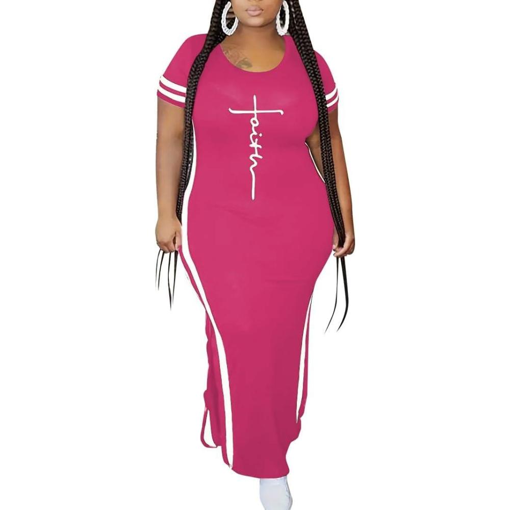 imagePINSV Womens Plus Size Maxi Dress Summer Casual Short Sleeve Split Long DressesRose Red