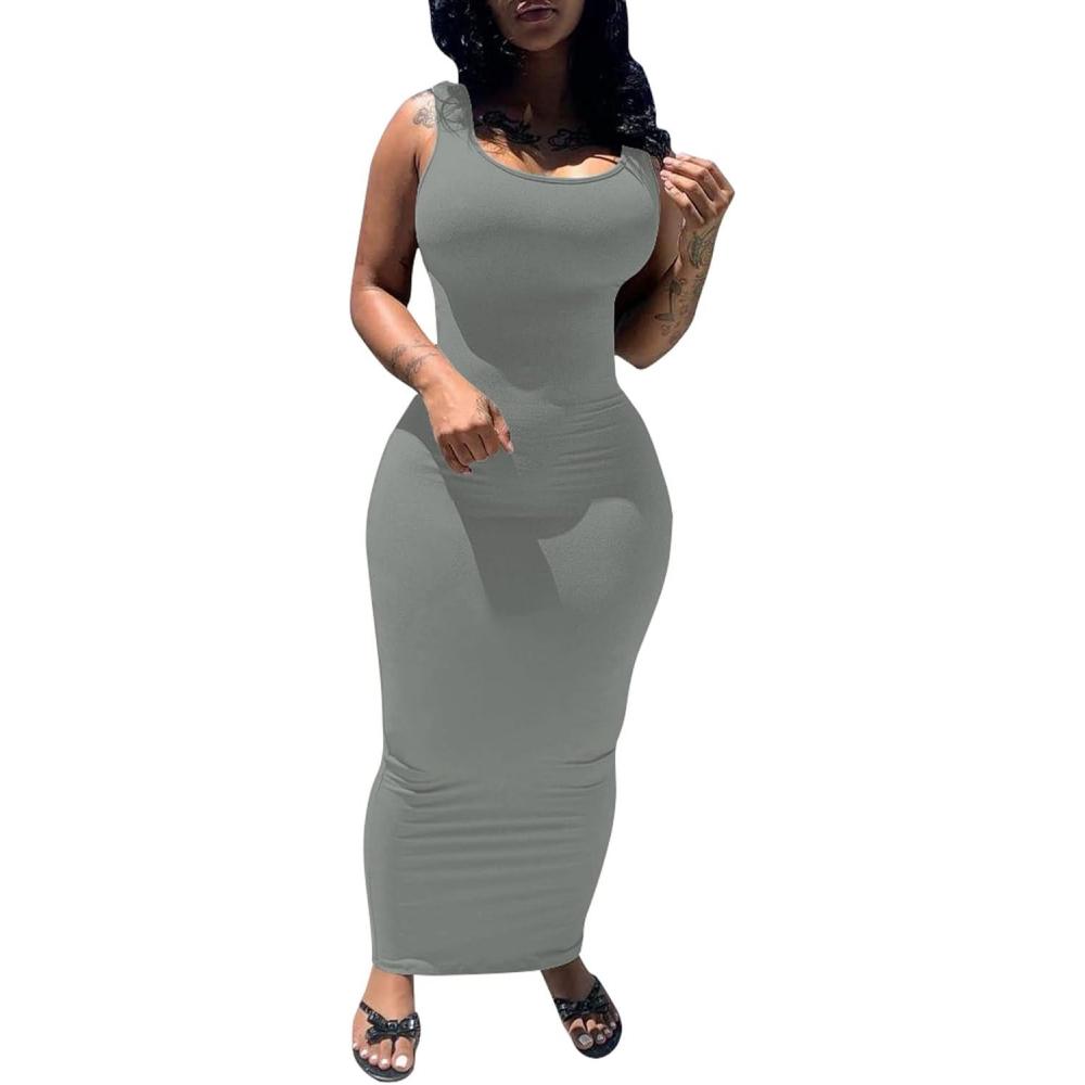 imagePINSV Womens Sexy Bodycon Tank Dress Basic Sleeveless Long Maxi Dresses Party Club Beach SundressesAdark Grey