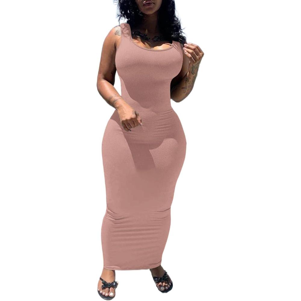 imagePINSV Womens Sexy Bodycon Tank Dress Basic Sleeveless Long Maxi Dresses Party Club Beach SundressesAnude Pink