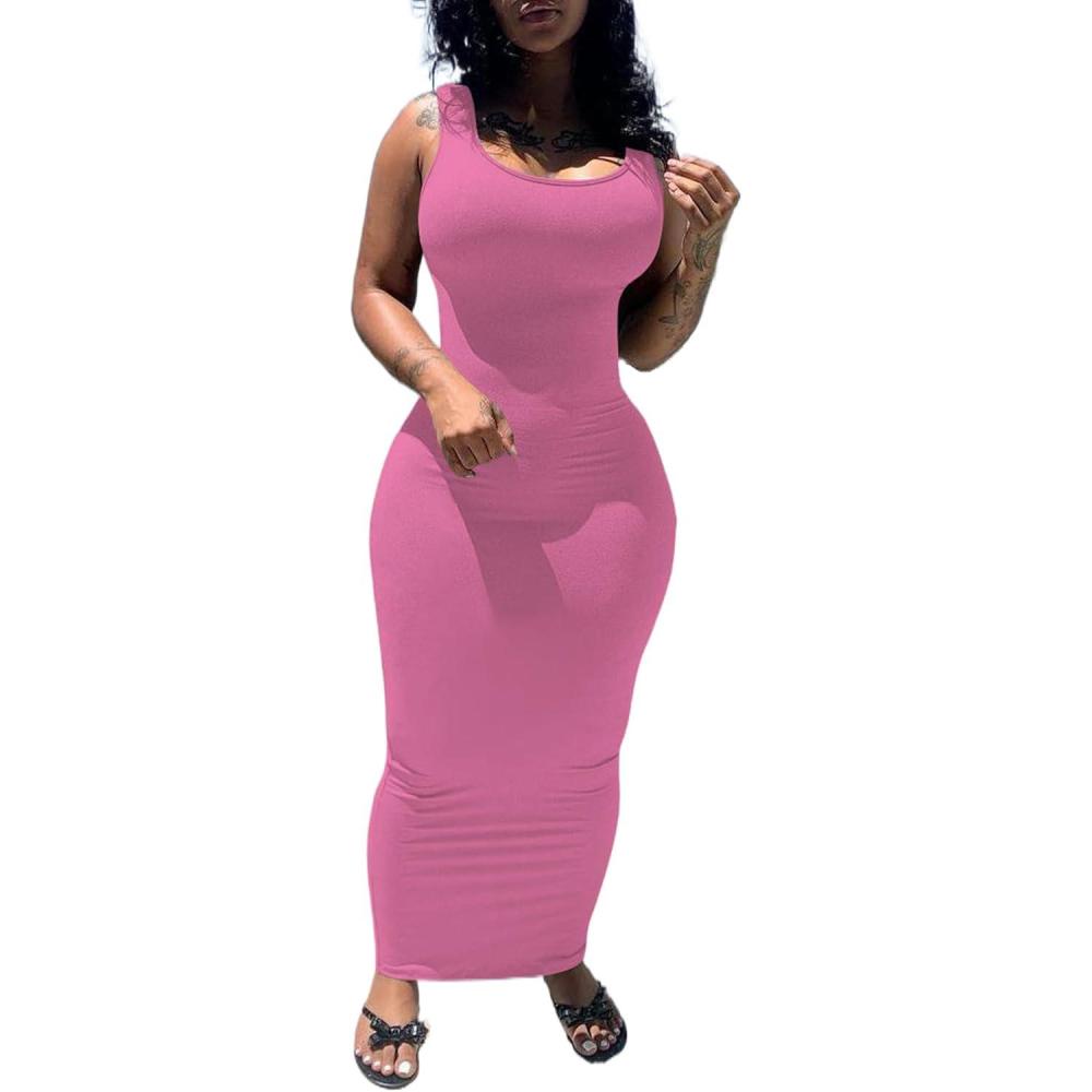 imagePINSV Womens Sexy Bodycon Tank Dress Basic Sleeveless Long Maxi Dresses Party Club Beach SundressesApink