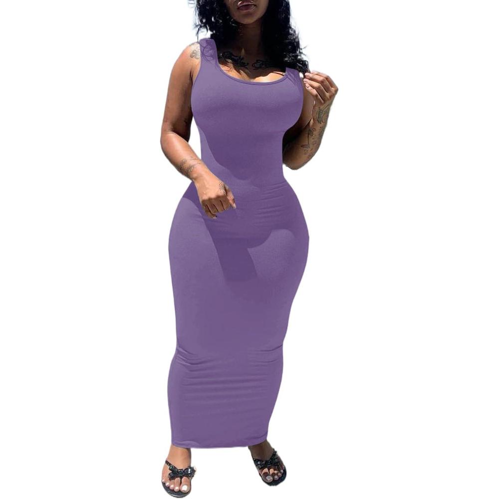 imagePINSV Womens Sexy Bodycon Tank Dress Basic Sleeveless Long Maxi Dresses Party Club Beach SundressesApurple