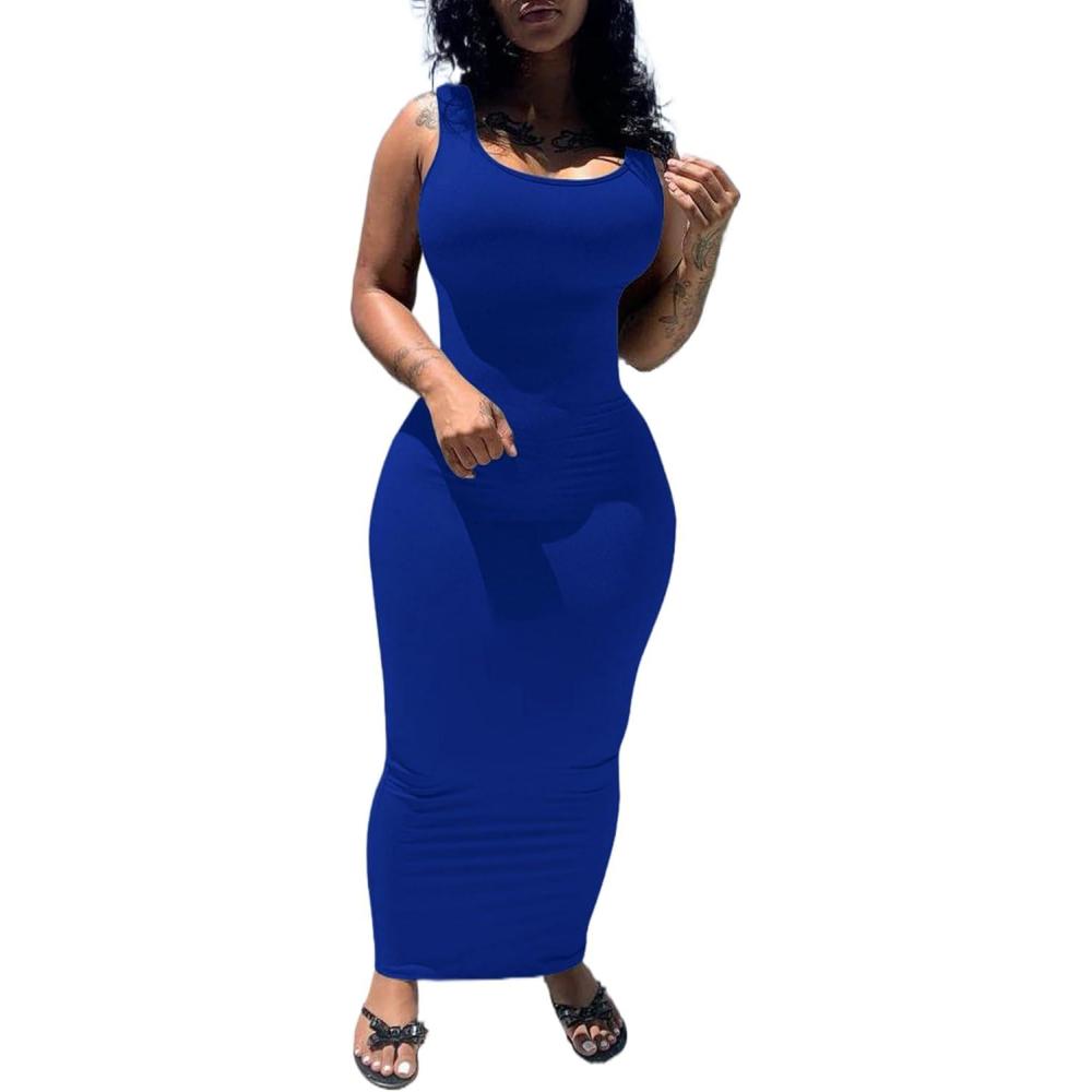 imagePINSV Womens Sexy Bodycon Tank Dress Basic Sleeveless Long Maxi Dresses Party Club Beach SundressesAsapphire Blue