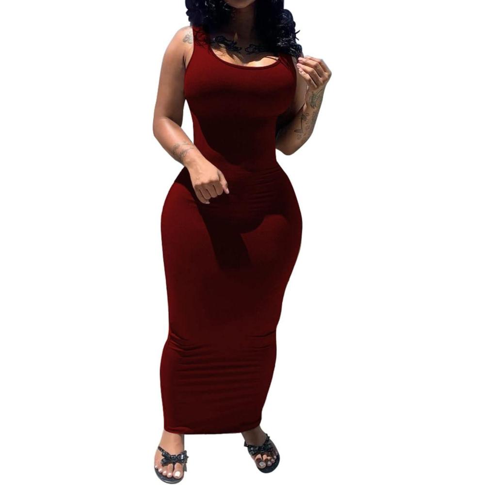 imagePINSV Womens Sexy Bodycon Tank Dress Basic Sleeveless Long Maxi Dresses Party Club Beach SundressesAwine Red