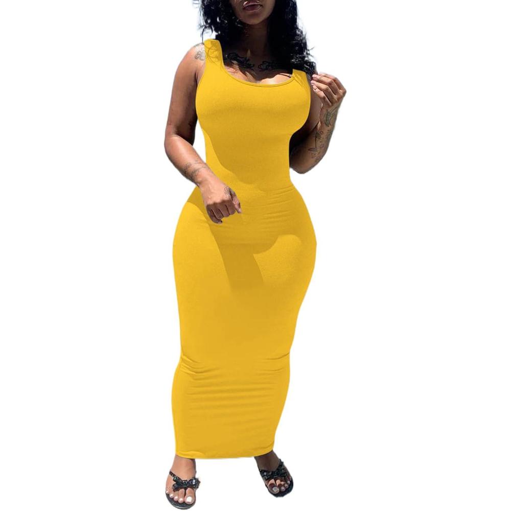imagePINSV Womens Sexy Bodycon Tank Dress Basic Sleeveless Long Maxi Dresses Party Club Beach SundressesAyellow