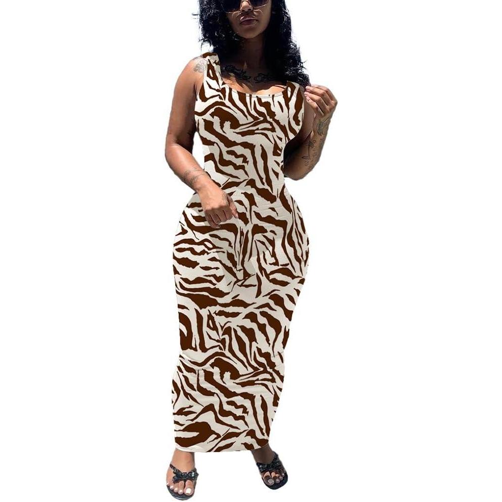 imagePINSV Womens Sexy Bodycon Tank Dress Basic Sleeveless Long Maxi Dresses Party Club Beach SundressesCanimal Print