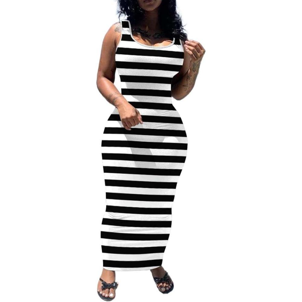 imagePINSV Womens Sexy Bodycon Tank Dress Basic Sleeveless Long Maxi Dresses Party Club Beach SundressesCblack Striped