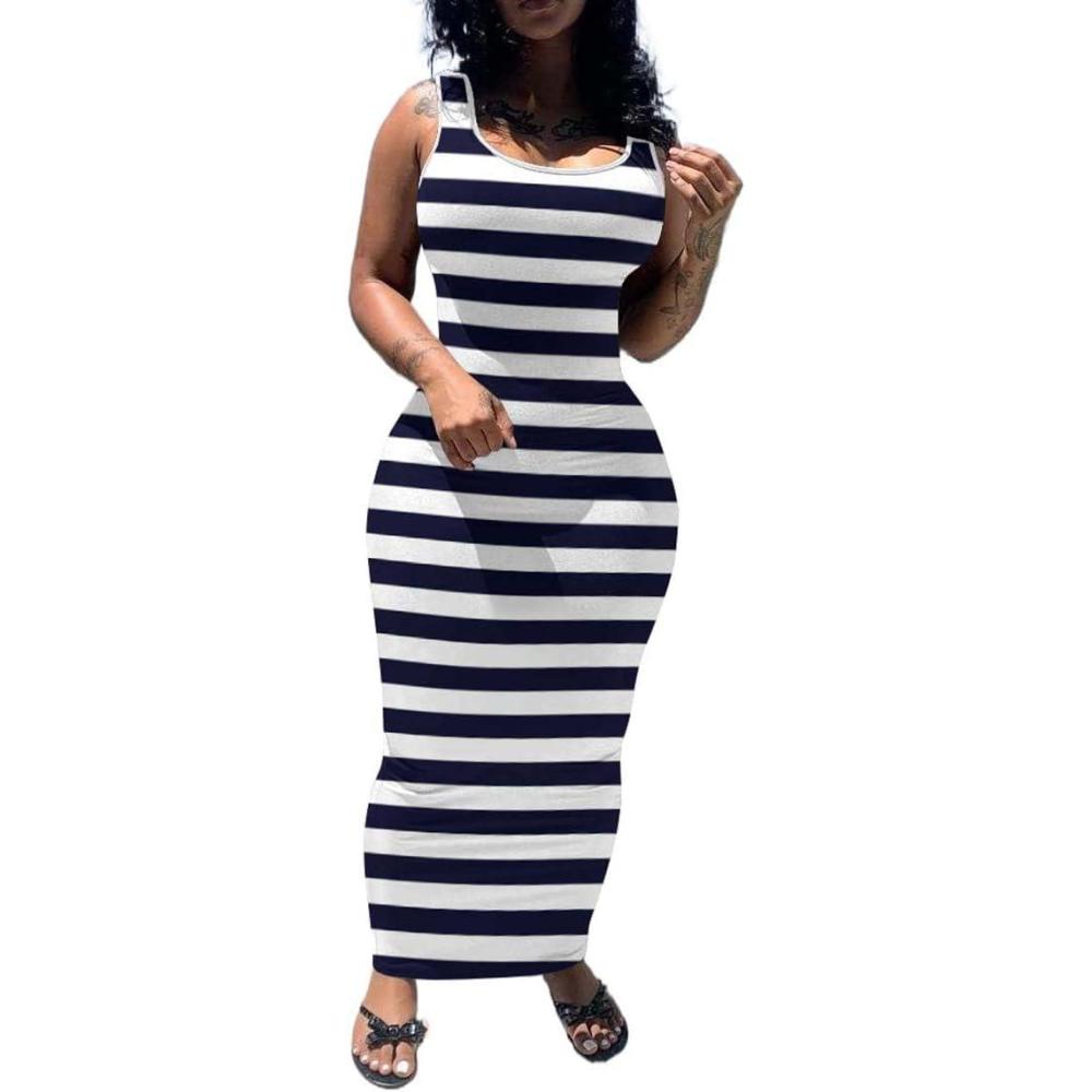 imagePINSV Womens Sexy Bodycon Tank Dress Basic Sleeveless Long Maxi Dresses Party Club Beach SundressesCdark Blue Striped