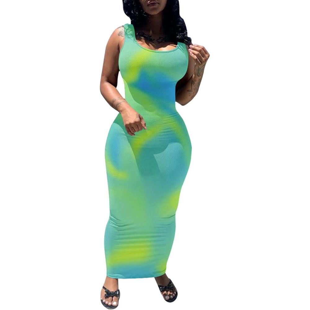 imagePINSV Womens Sexy Bodycon Tank Dress Basic Sleeveless Long Maxi Dresses Party Club Beach SundressesCgreen Tie Dye