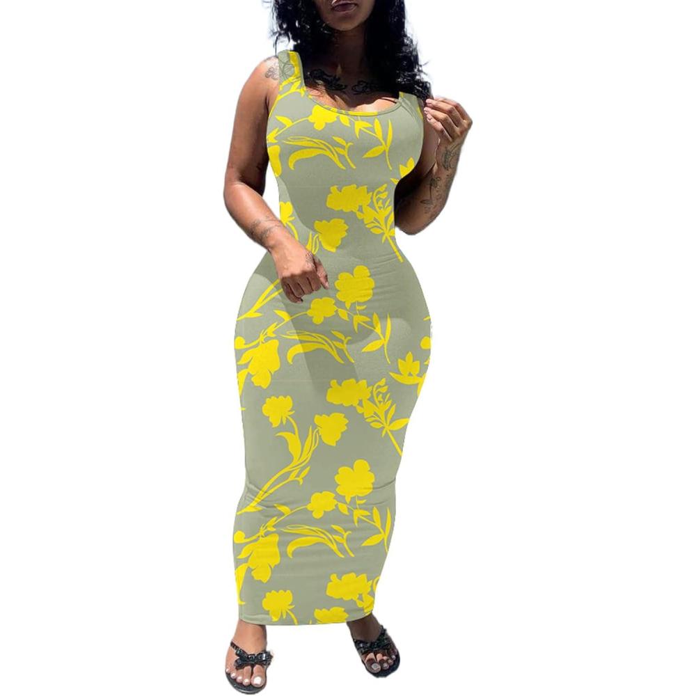 imagePINSV Womens Sexy Bodycon Tank Dress Basic Sleeveless Long Maxi Dresses Party Club Beach SundressesCgrey Yellow Flower