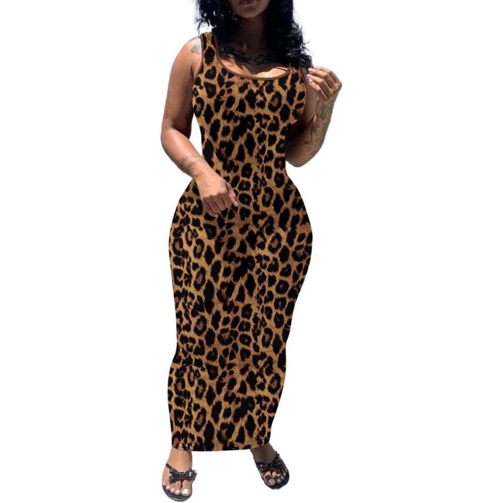 imagePINSV Womens Sexy Bodycon Tank Dress Basic Sleeveless Long Maxi Dresses Party Club Beach SundressesCleopard Print