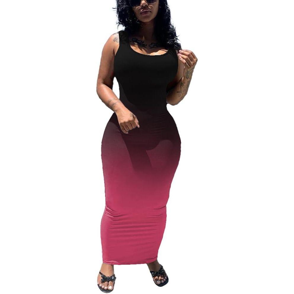 imagePINSV Womens Sexy Bodycon Tank Dress Basic Sleeveless Long Maxi Dresses Party Club Beach SundressesDblack Rose Gradient
