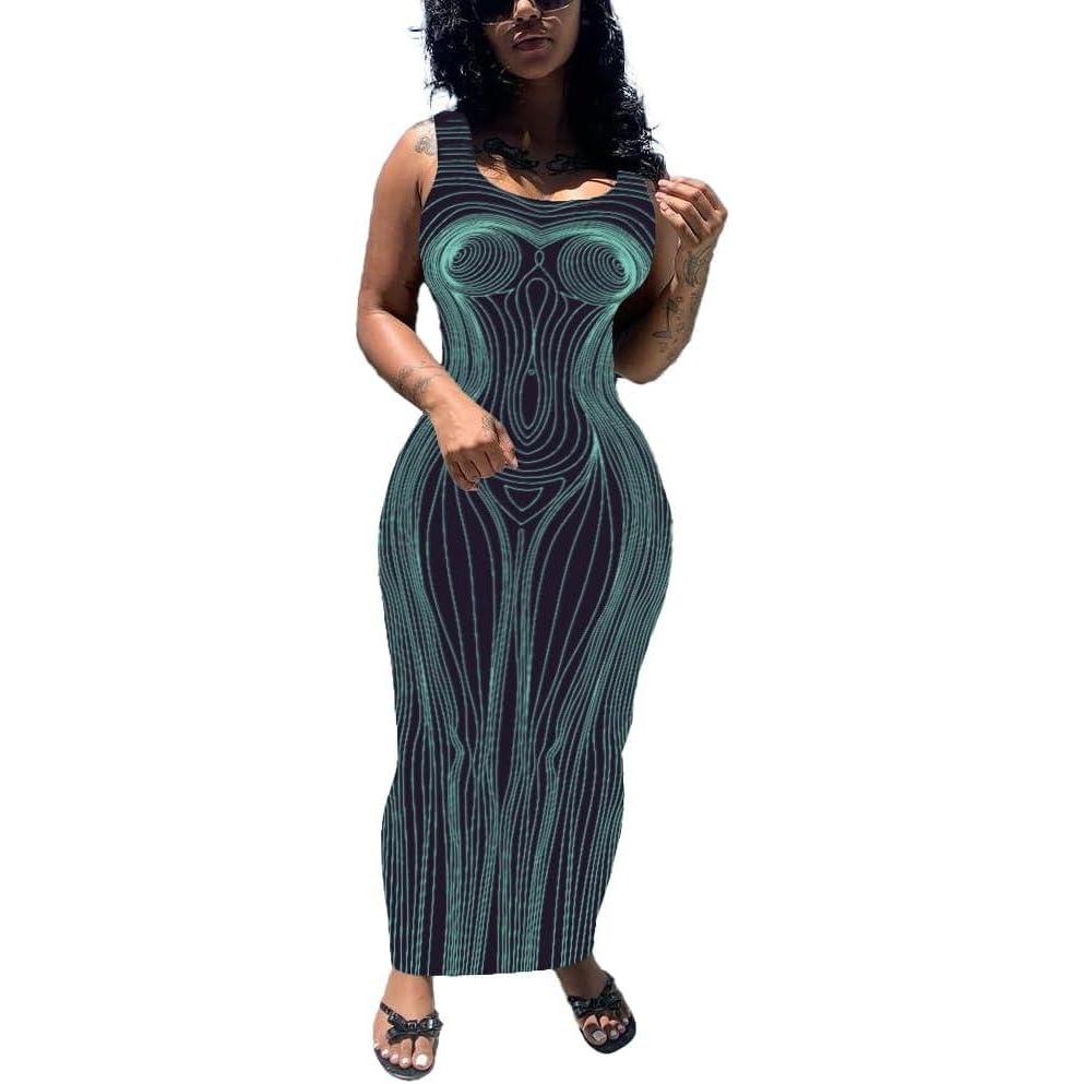 imagePINSV Womens Sexy Bodycon Tank Dress Basic Sleeveless Long Maxi Dresses Party Club Beach SundressesDbody Line Print