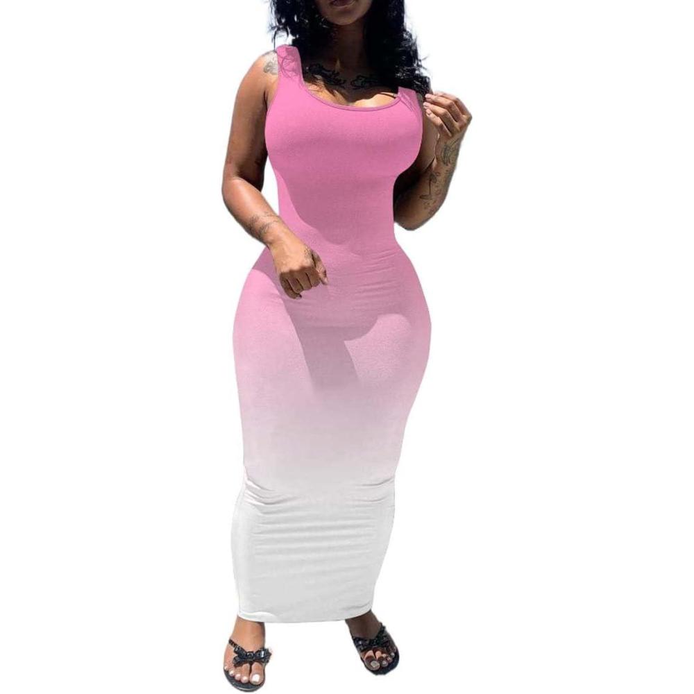 imagePINSV Womens Sexy Bodycon Tank Dress Basic Sleeveless Long Maxi Dresses Party Club Beach SundressesDpink Gradient
