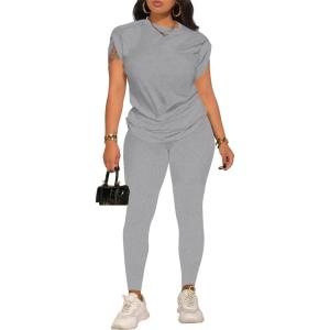 imagePINSV Women 2 Piece Outfits Summer Sweatsuits Track Suits Short Tops Long Pant Sweat Suit Legging Jogger SetsGrey