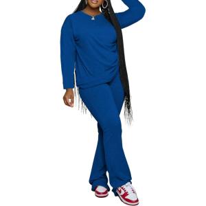 imagePINSV Womens 2 Piece Outfits Casual Sets Long Sleeve Top and Flare Pants Lounge Sets TracksuitBlue