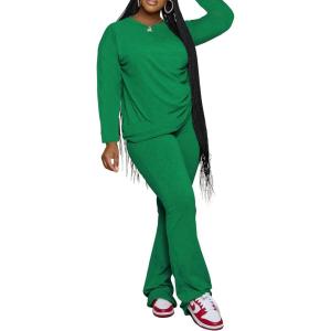 imagePINSV Womens 2 Piece Outfits Casual Sets Long Sleeve Top and Flare Pants Lounge Sets TracksuitGreen