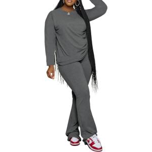 imagePINSV Womens 2 Piece Outfits Casual Sets Long Sleeve Top and Flare Pants Lounge Sets TracksuitGrey