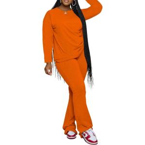 imagePINSV Womens 2 Piece Outfits Casual Sets Long Sleeve Top and Flare Pants Lounge Sets TracksuitOrange