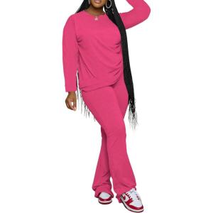 imagePINSV Womens 2 Piece Outfits Casual Sets Long Sleeve Top and Flare Pants Lounge Sets TracksuitRose Red