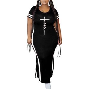 imagePINSV Womens Plus Size Maxi Dress Summer Casual Short Sleeve Split Long DressesBlack