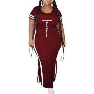 imagePINSV Womens Plus Size Maxi Dress Summer Casual Short Sleeve Split Long DressesBurgundy