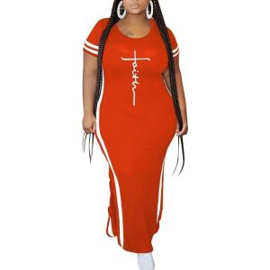 imagePINSV Womens Plus Size Maxi Dress Summer Casual Short Sleeve Split Long DressesOrange