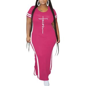 imagePINSV Womens Plus Size Maxi Dress Summer Casual Short Sleeve Split Long DressesRose Red
