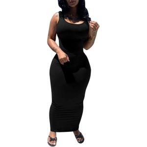 imagePINSV Womens Sexy Bodycon Tank Dress Basic Sleeveless Long Maxi Dresses Party Club Beach SundressesAblack