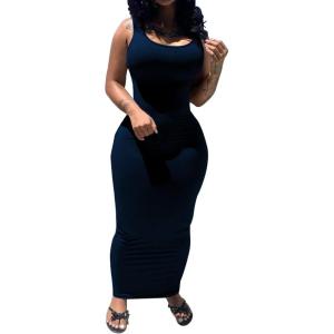 imagePINSV Womens Sexy Bodycon Tank Dress Basic Sleeveless Long Maxi Dresses Party Club Beach SundressesAblue