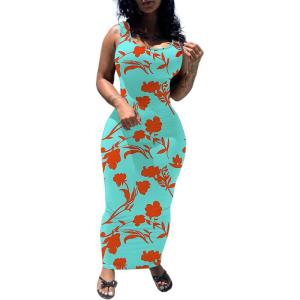 imagePINSV Womens Sexy Bodycon Tank Dress Basic Sleeveless Long Maxi Dresses Party Club Beach SundressesCblue Orange Flower