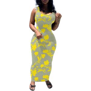 imagePINSV Womens Sexy Bodycon Tank Dress Basic Sleeveless Long Maxi Dresses Party Club Beach SundressesCgrey Yellow Flower