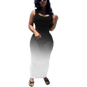 imagePINSV Womens Sexy Bodycon Tank Dress Basic Sleeveless Long Maxi Dresses Party Club Beach SundressesDblack White Gradient