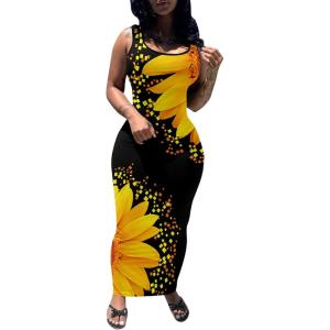 imagePINSV Womens Sexy Bodycon Tank Dress Basic Sleeveless Long Maxi Dresses Party Club Beach SundressesSunflower