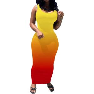 imagePINSV Womens Sexy Bodycon Tank Dress Basic Sleeveless Long Maxi Dresses Party Club Beach SundressesYellow Red Gradient
