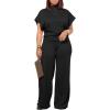 imagePINSV Lounge Sets For Women Casual 2 Piece Outfits Baggy Short Sleeve Top And Flare Pants TracksuitsBlack