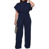 imagePINSV Lounge Sets For Women Casual 2 Piece Outfits Baggy Short Sleeve Top And Flare Pants TracksuitsDark Blue