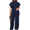 imagePINSV Lounge Sets For Women Casual 2 Piece Outfits Baggy Short Sleeve Top And Flare Pants TracksuitsDark Blue