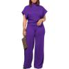 imagePINSV Lounge Sets For Women Casual 2 Piece Outfits Baggy Short Sleeve Top And Flare Pants TracksuitsPurple