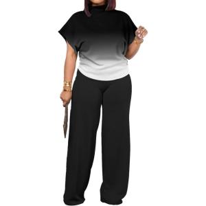 imagePINSV Lounge Sets For Women Casual 2 Piece Outfits Baggy Short Sleeve Top And Flare Pants Tracksuits1black Gradient