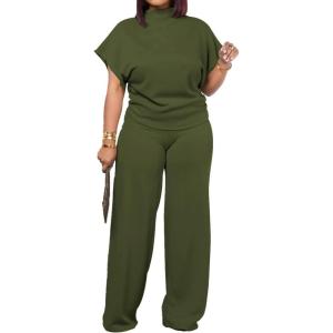 imagePINSV Lounge Sets For Women Casual 2 Piece Outfits Baggy Short Sleeve Top And Flare Pants TracksuitsArmy Green