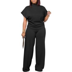 imagePINSV Lounge Sets For Women Casual 2 Piece Outfits Baggy Short Sleeve Top And Flare Pants TracksuitsBlack