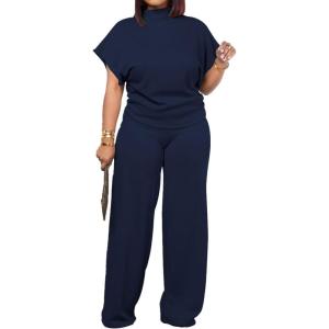 imagePINSV Lounge Sets For Women Casual 2 Piece Outfits Baggy Short Sleeve Top And Flare Pants TracksuitsDark Blue