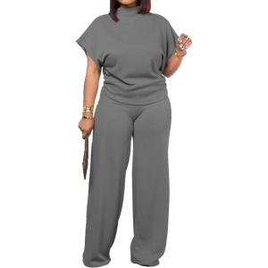 imagePINSV Lounge Sets For Women Casual 2 Piece Outfits Baggy Short Sleeve Top And Flare Pants TracksuitsDark Grey