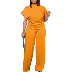 imagePINSV Lounge Sets For Women Casual 2 Piece Outfits Baggy Short Sleeve Top And Flare Pants TracksuitsOrange