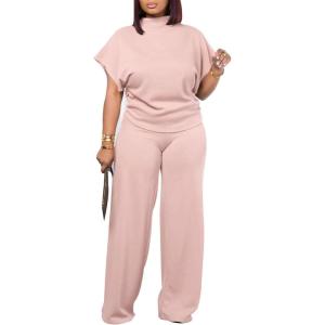 imagePINSV Lounge Sets For Women Casual 2 Piece Outfits Baggy Short Sleeve Top And Flare Pants TracksuitsPink