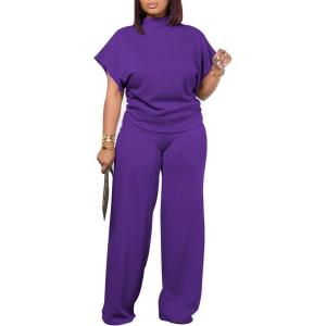 imagePINSV Lounge Sets For Women Casual 2 Piece Outfits Baggy Short Sleeve Top And Flare Pants TracksuitsPurple