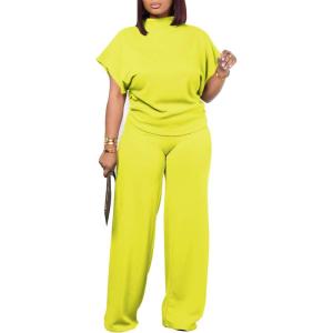 imagePINSV Lounge Sets For Women Casual 2 Piece Outfits Baggy Short Sleeve Top And Flare Pants TracksuitsYellow