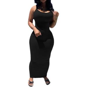 imagePINSV Womens Bodycon Long Slip Dress Spaghetti Strap Summer Maxi Dress Modern Casual SundressBlack