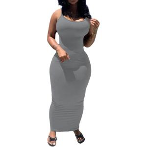 imagePINSV Womens Bodycon Long Slip Dress Spaghetti Strap Summer Maxi Dress Modern Casual SundressGray